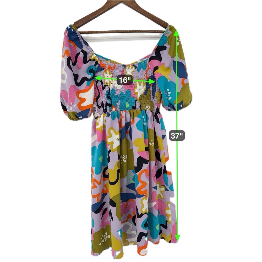Retro Mod Floral Mini Dress Smocked Bodice Puff Sleeve Colorful Groovy 70s - Picture 13 of 13